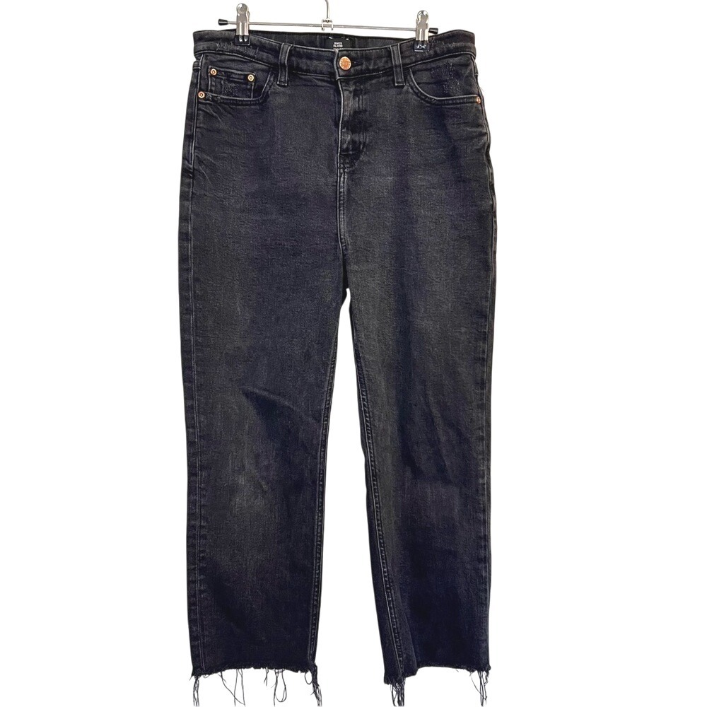 River Island Petite Black Wash High Rise Distressed Raw Hem Straight Leg Jeans - Picture 2 of 15